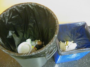 A trash can and recycling bin bear the same kind of waste. 